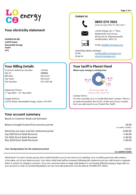 United Kingdom LoCO2 Energy business utility bill template in Word and PDF formats